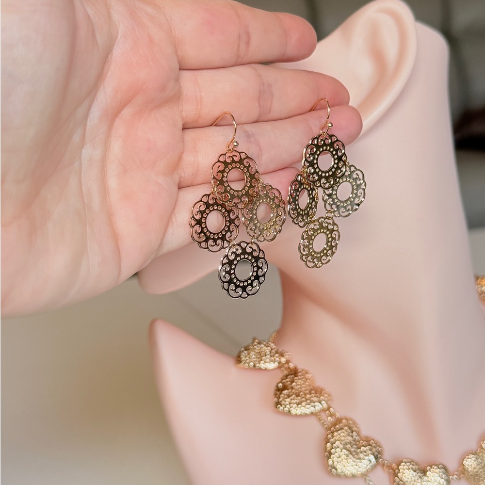 Gold Filigree Drop Earrings - Picture 12 of 13